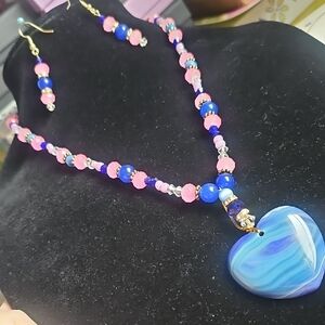 Blue Heart Pendant Necklace with Pink Beaded Chain